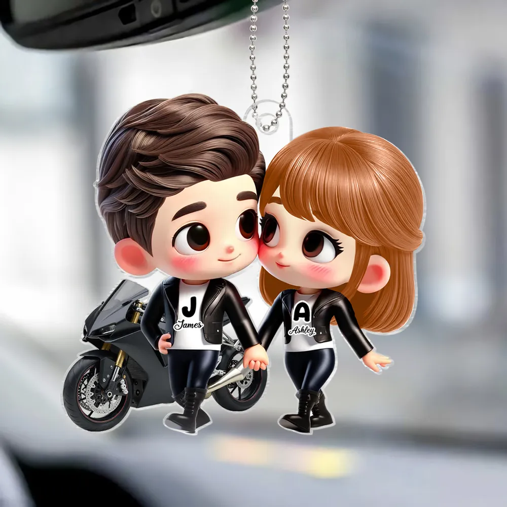 His & Her Initials Biker Couple Acrylic Car Hanger – Creative Gift for Lovers