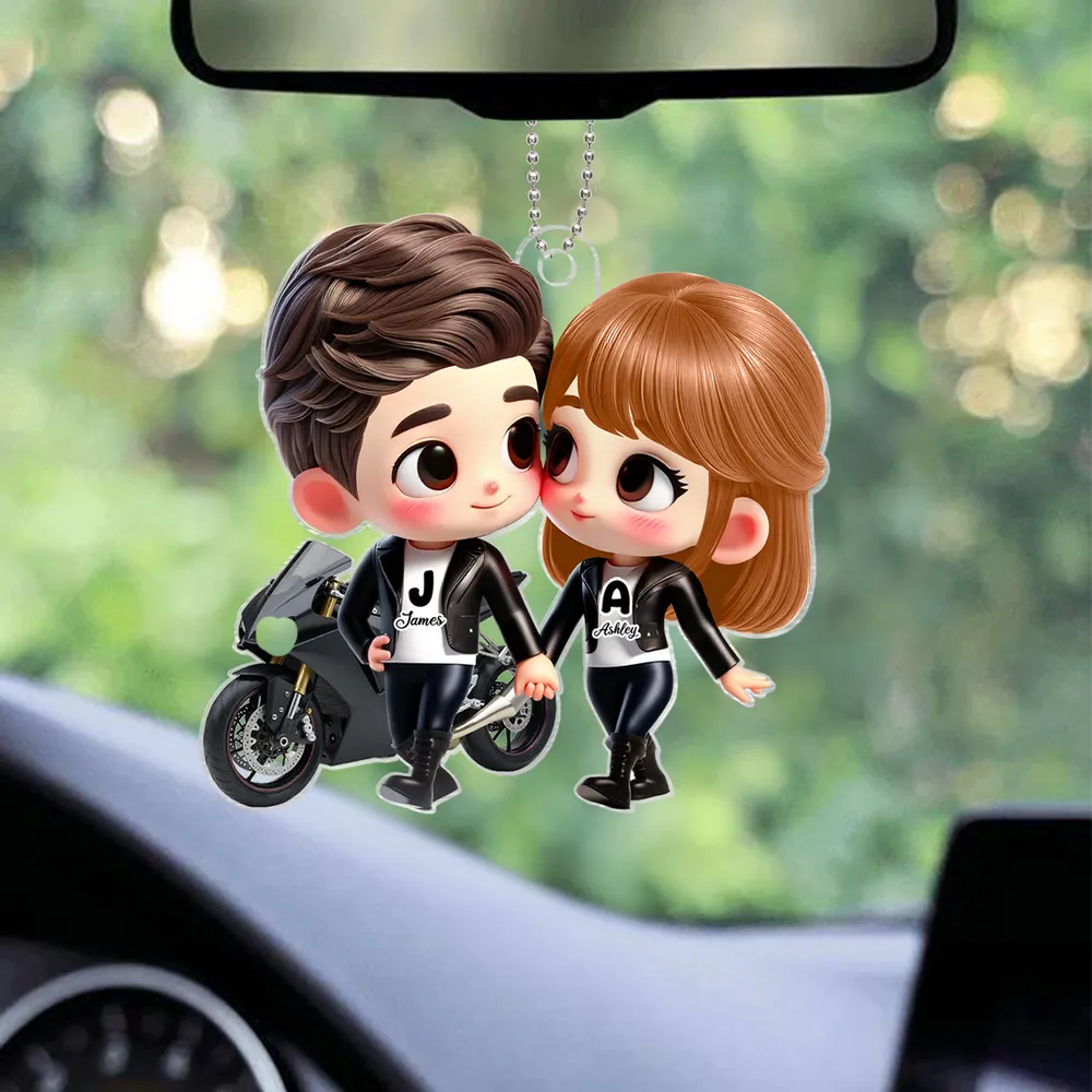His & Her Initials Biker Couple Acrylic Car Hanger – Creative Gift for Lovers - Image 3