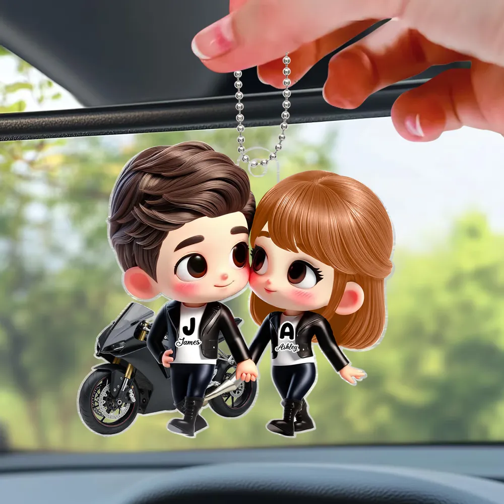 His & Her Initials Biker Couple Acrylic Car Hanger – Creative Gift for Lovers - Image 6