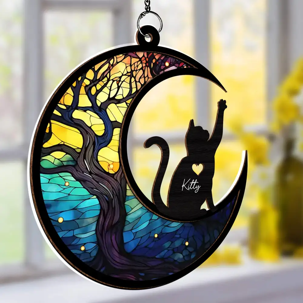 Cat Lover Gift – Layered Wood & Acrylic Ornament with Pet Name and Moon Design - Image 3
