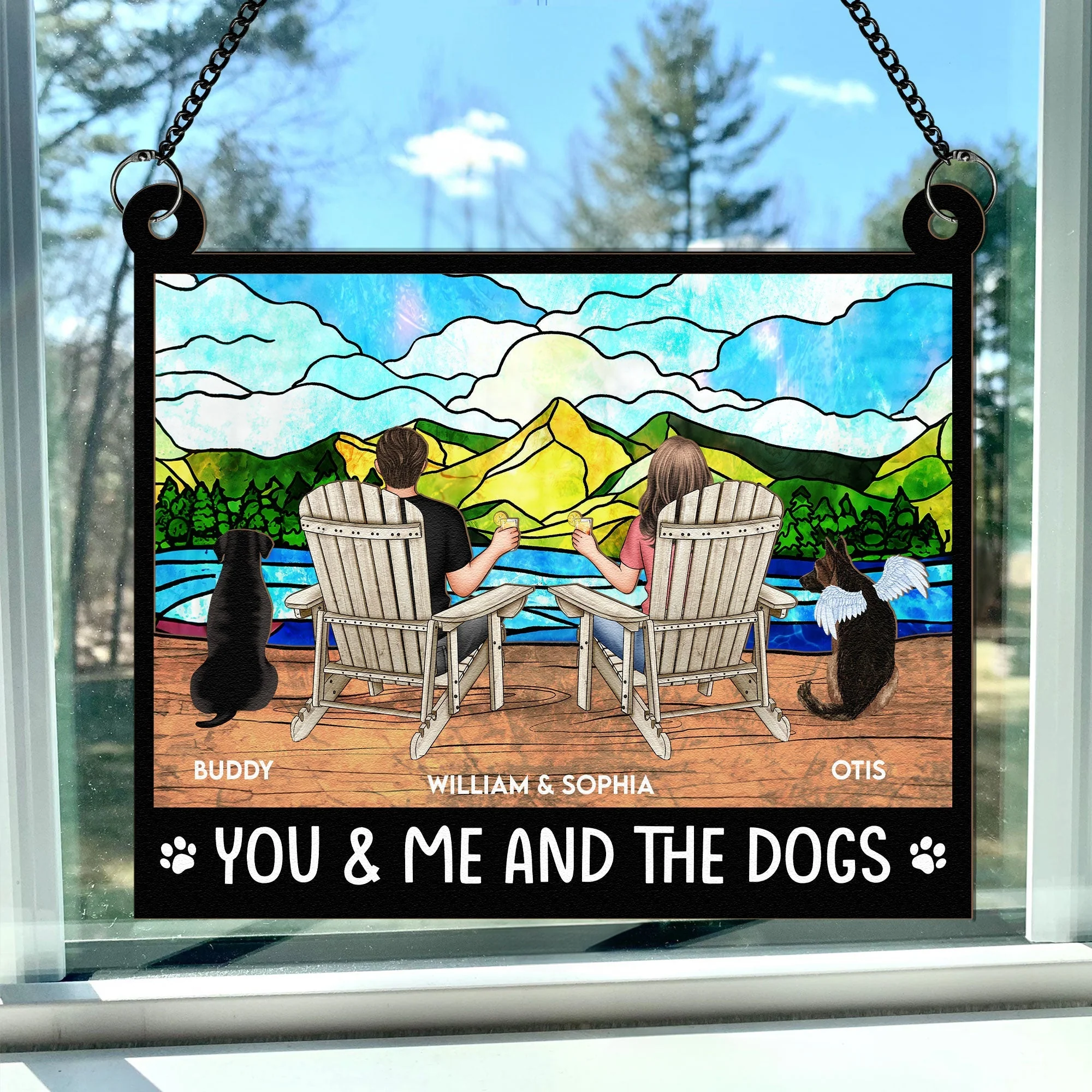You & Me and the Dogs Mountain Sunset Wood and Acrylic Ornament – Personalized Gift for Couples and Dog Lovers - Image 6