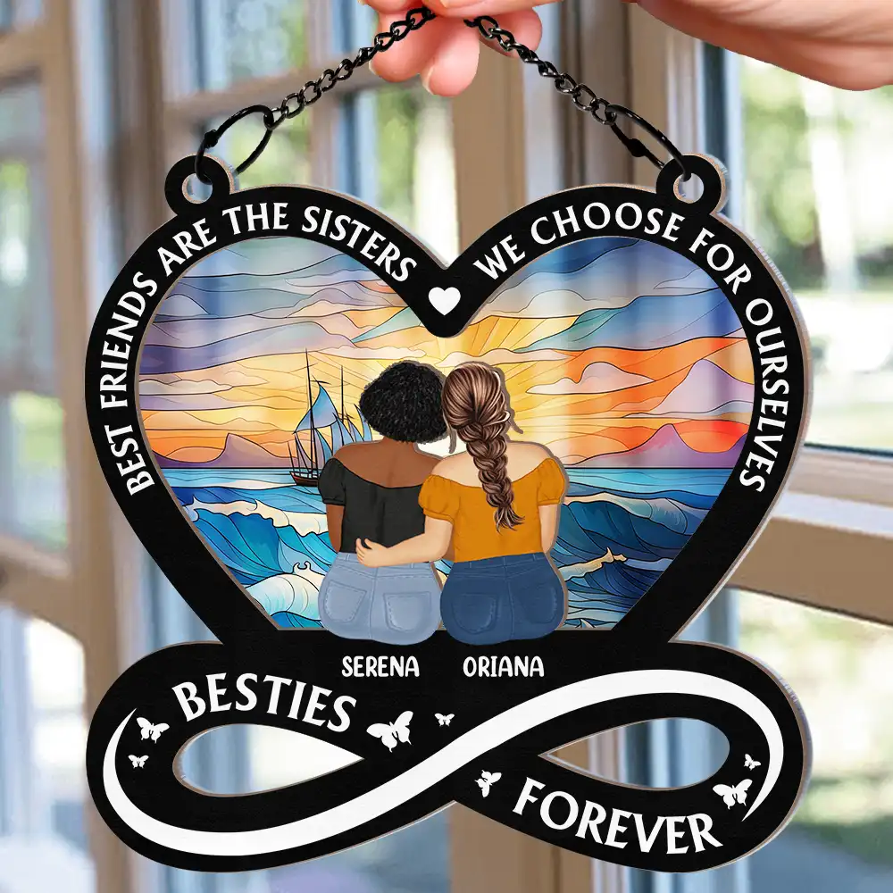 “Not Sisters by Blood but Sisters by Heart” Sunset Ornament – Double-Layer Wood & Acrylic Gift for Besties - Image 2