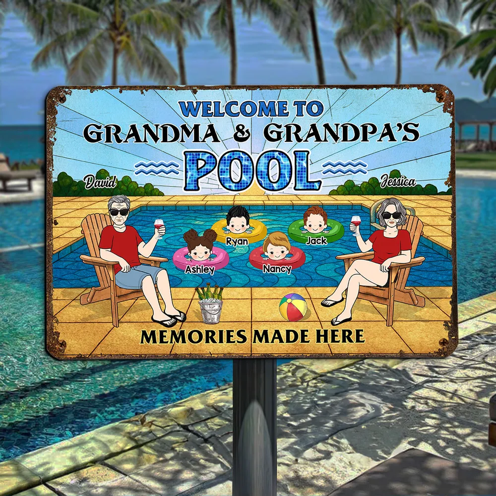 Welcome To Grandma & Grandpa’s Pool Sign – Personalized Rectangular Iron Sign, Summer Gift for Grandparents with Kids in Pool Scene, Custom Name Family Pool Decor - Image 3