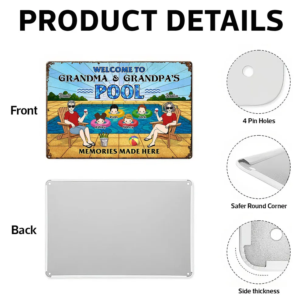 Welcome To Grandma & Grandpa’s Pool Sign – Personalized Rectangular Iron Sign, Summer Gift for Grandparents with Kids in Pool Scene, Custom Name Family Pool Decor - Image 8