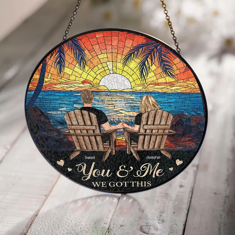 Custom Couple Glass Suncatcher Ornament – "You & Me, We Got This" Love Symbol - Image 2