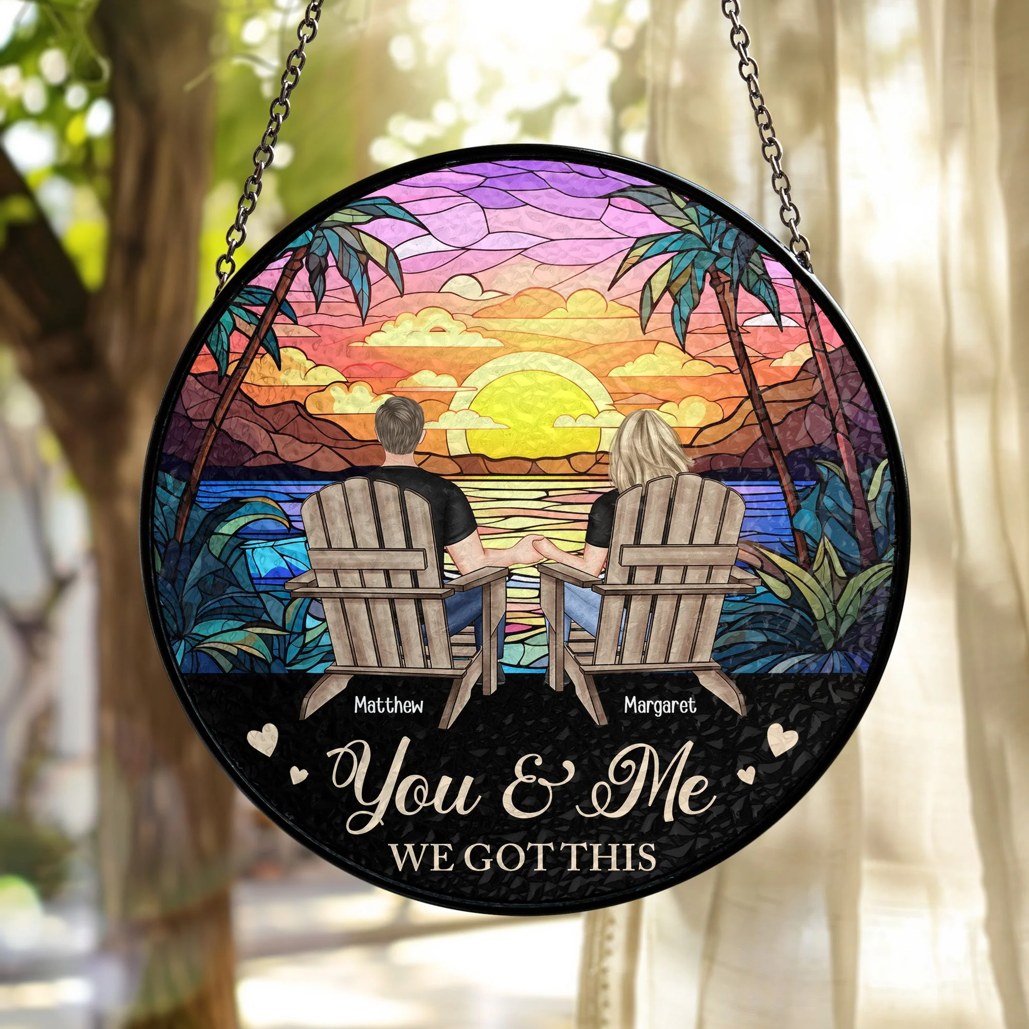 Custom Couple Glass Suncatcher Ornament – "You & Me, We Got This" Love Symbol - Image 4
