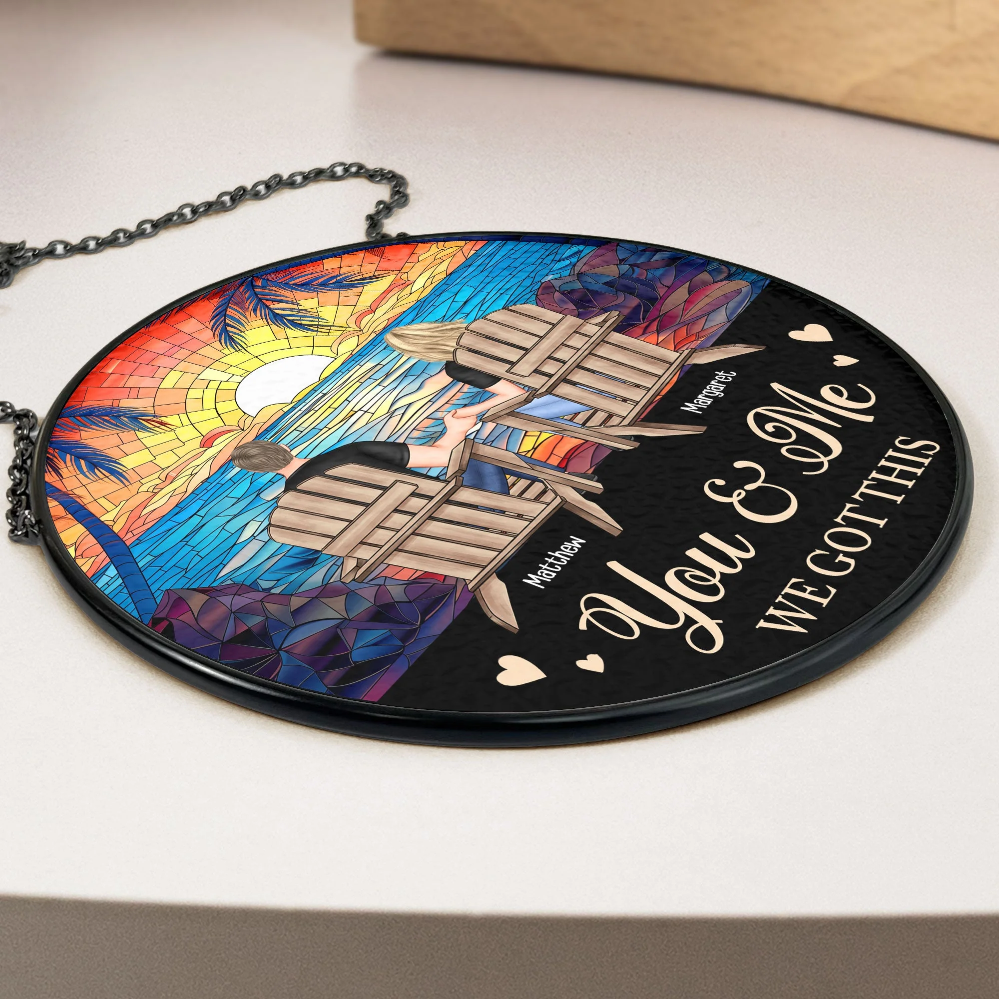 Custom Couple Glass Suncatcher Ornament – "You & Me, We Got This" Love Symbol - Image 7