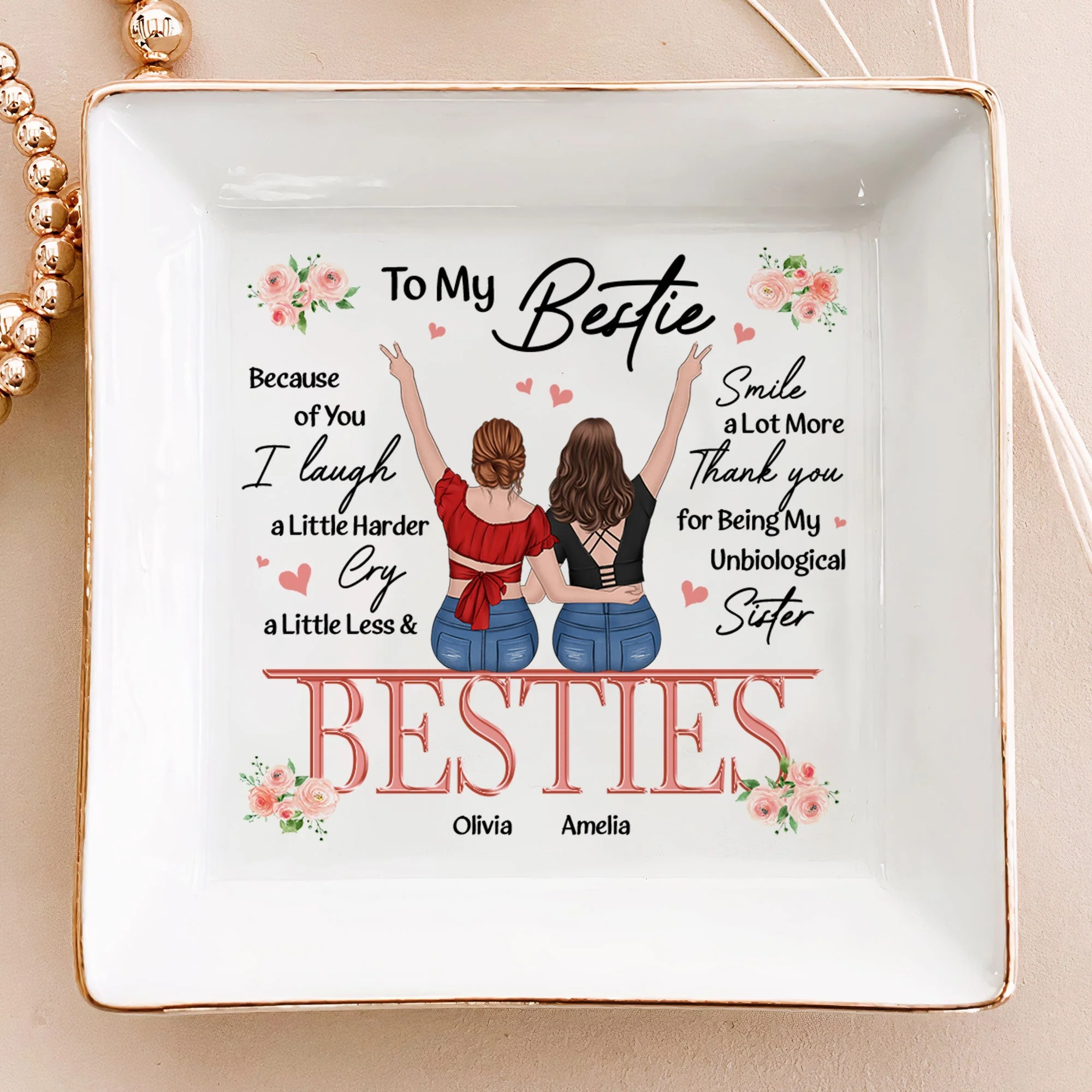 Besties Forever Jewelry Dish – Gift for Soul Sister, Because of You I Laugh a Little Harder Friendship Gift - Image 3