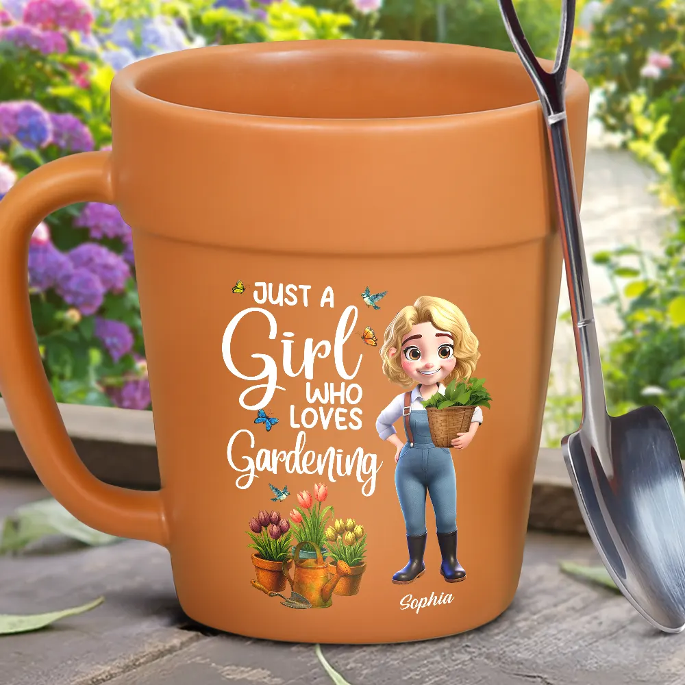 “Just a Girl Who Loves Gardening” Plant Pot Mug with Spoon – Custom Gardener - Image 3