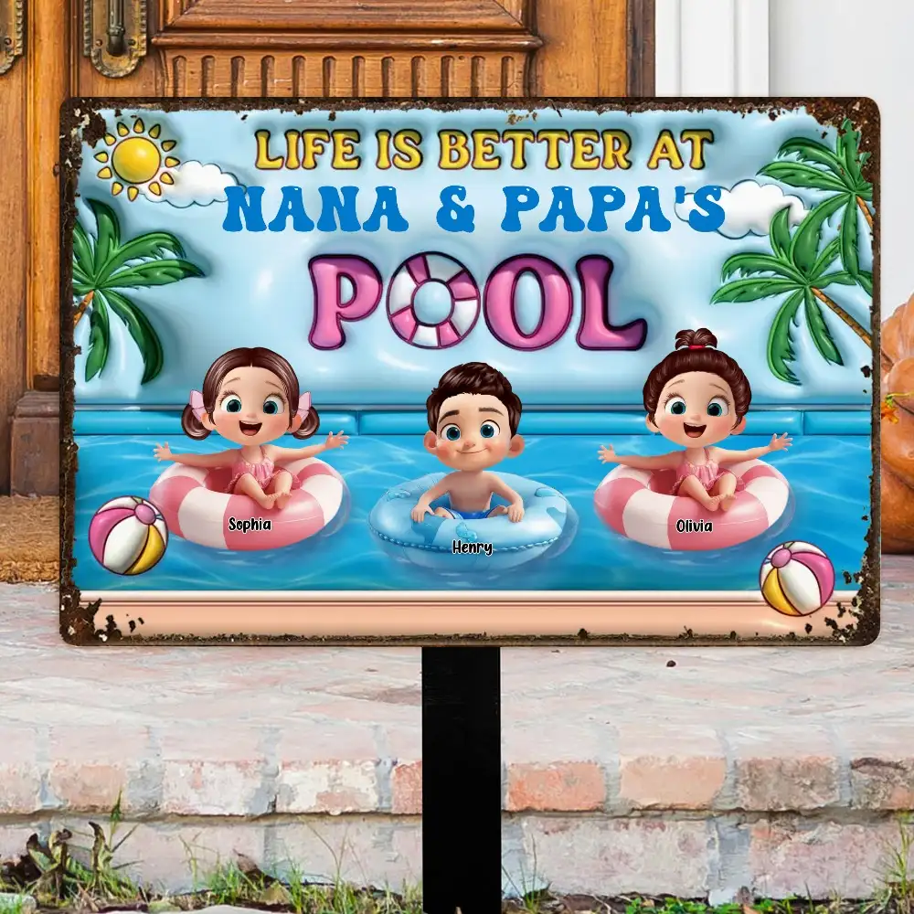 Life Is Better At Nana & Papa's Pool β Personalized Rectangular Iron Sign, Summer Poolside Gift For Grandparents