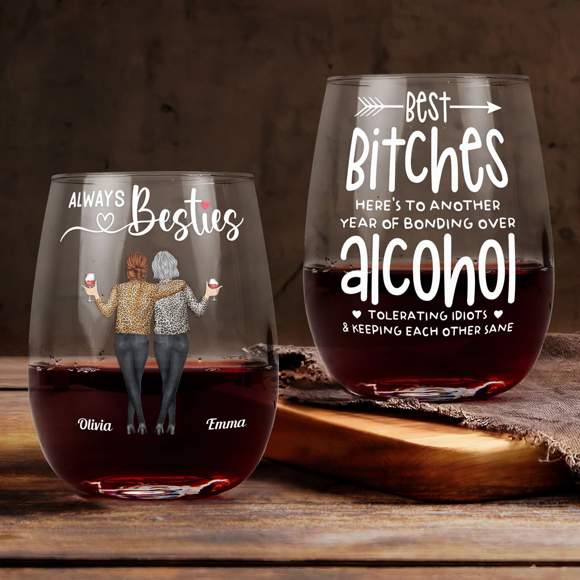 Best Bitches Wine Glass – Custom Birthday Gift for Sisters or Best Friends, Tolerating Idiots Together - Image 3