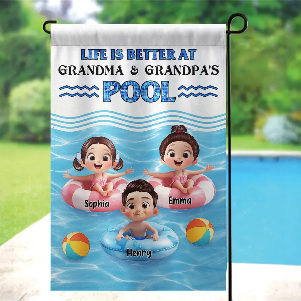 Life Is Better At Grandma & Grandpa’s Pool – Personalized Garden Flag with Kids in Floaties – Summer Gift for Grandparents - Image 4