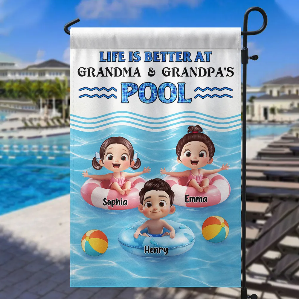 Life Is Better At Grandma & Grandpa’s Pool – Personalized Garden Flag with Kids in Floaties – Summer Gift for Grandparents - Image 6