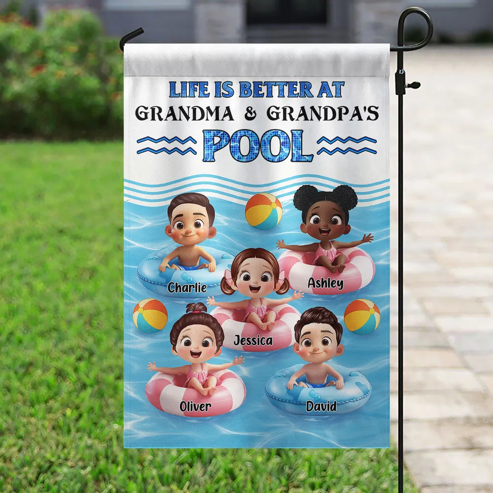 Life Is Better At Grandma & Grandpa’s Pool – Personalized Garden Flag with Kids in Floaties – Summer Gift for Grandparents - Image 7