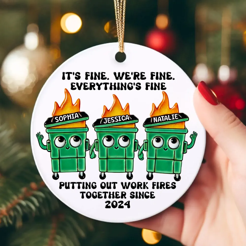Personalized Ceramic Ornament with Funny Dumpster Fire Characters, Unique Coworker Gift for Office Friends & Work Besties - Image 4