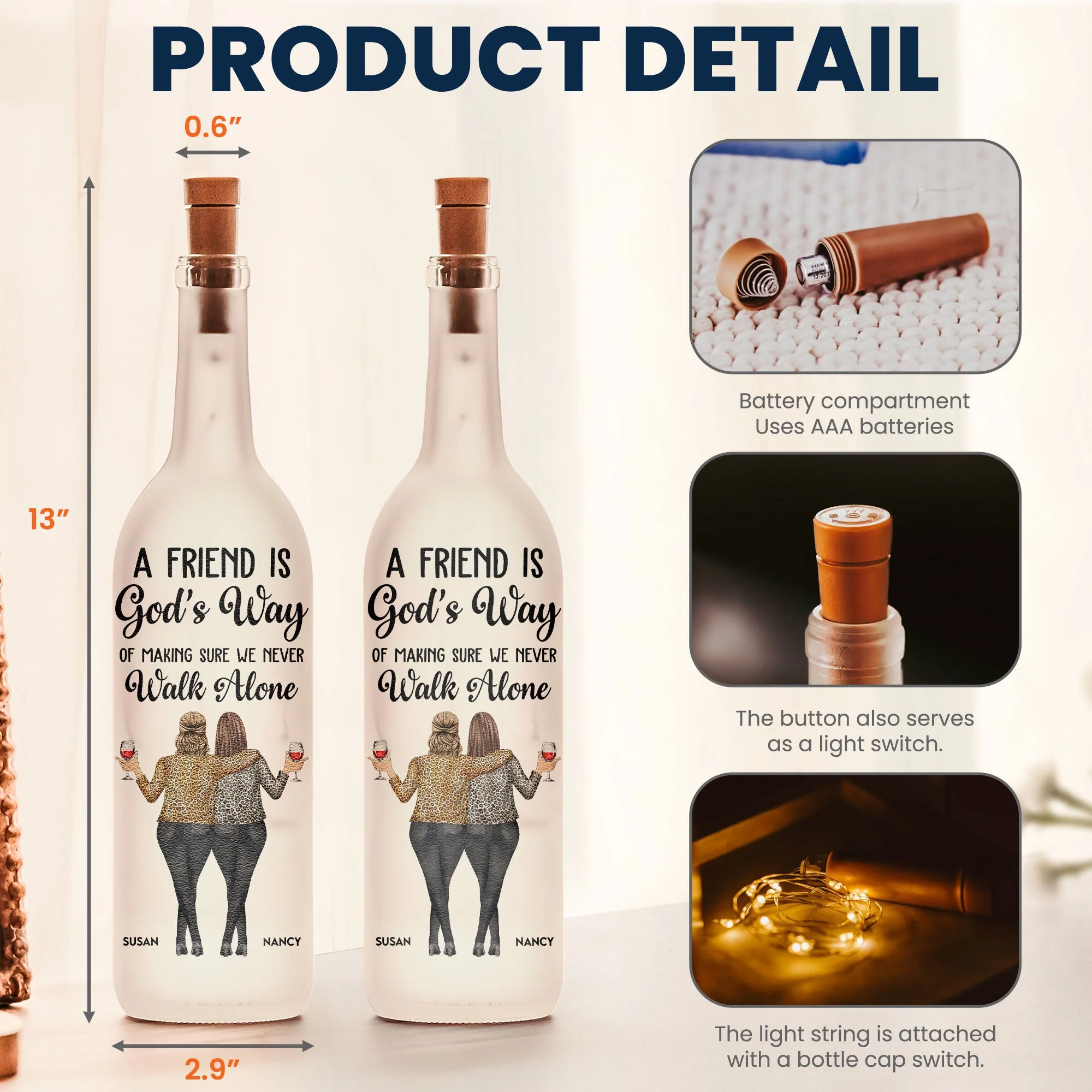 A Friend Is God's Way Bottle Lamp – Personalized Light-Up Gift for Best Friends - Image 4