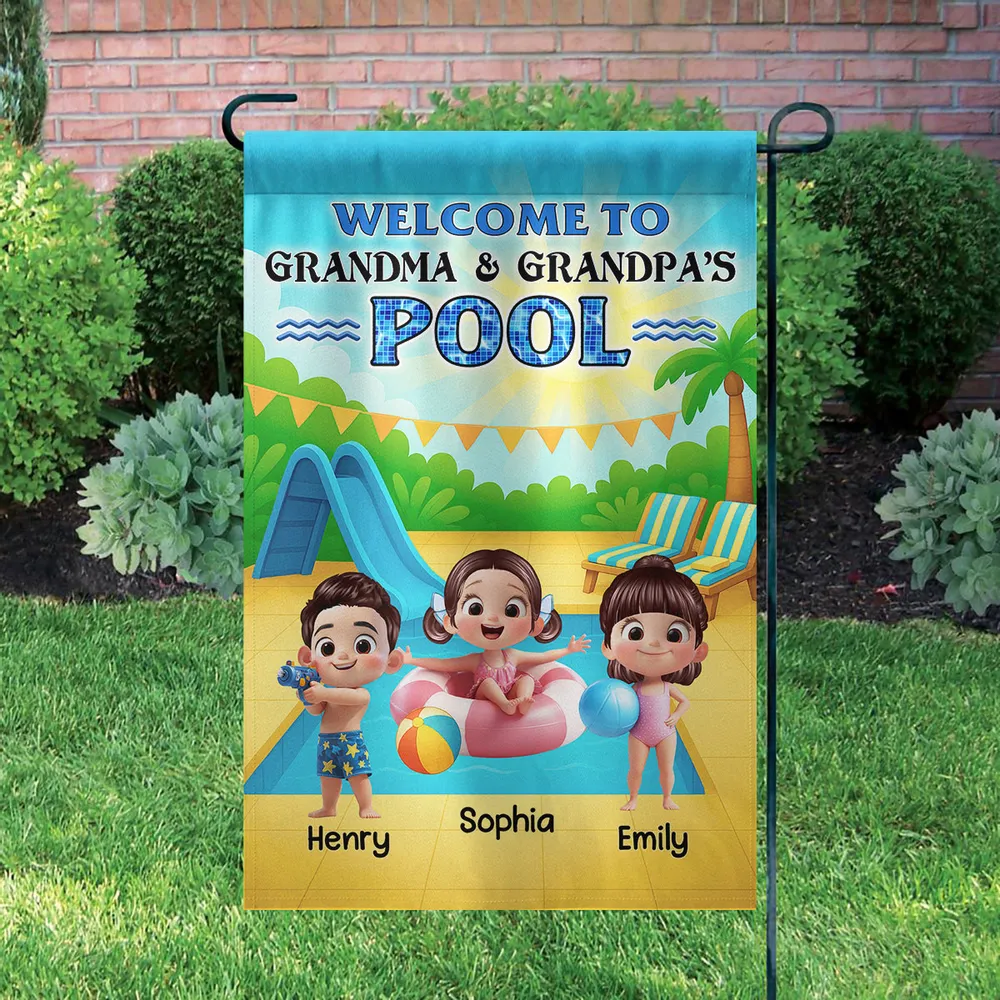 Welcome To Grandma & Grandpa’s Pool Garden Flag – Custom Family Pool Party Decor, Summer Gift for Grandparents from Grandkids - Image 3
