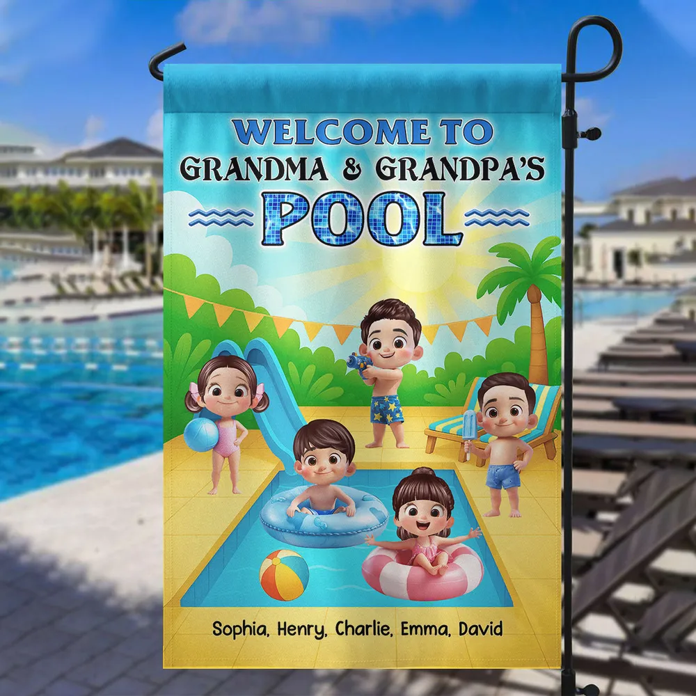 Welcome To Grandma & Grandpa’s Pool Garden Flag – Custom Family Pool Party Decor, Summer Gift for Grandparents from Grandkids - Image 4