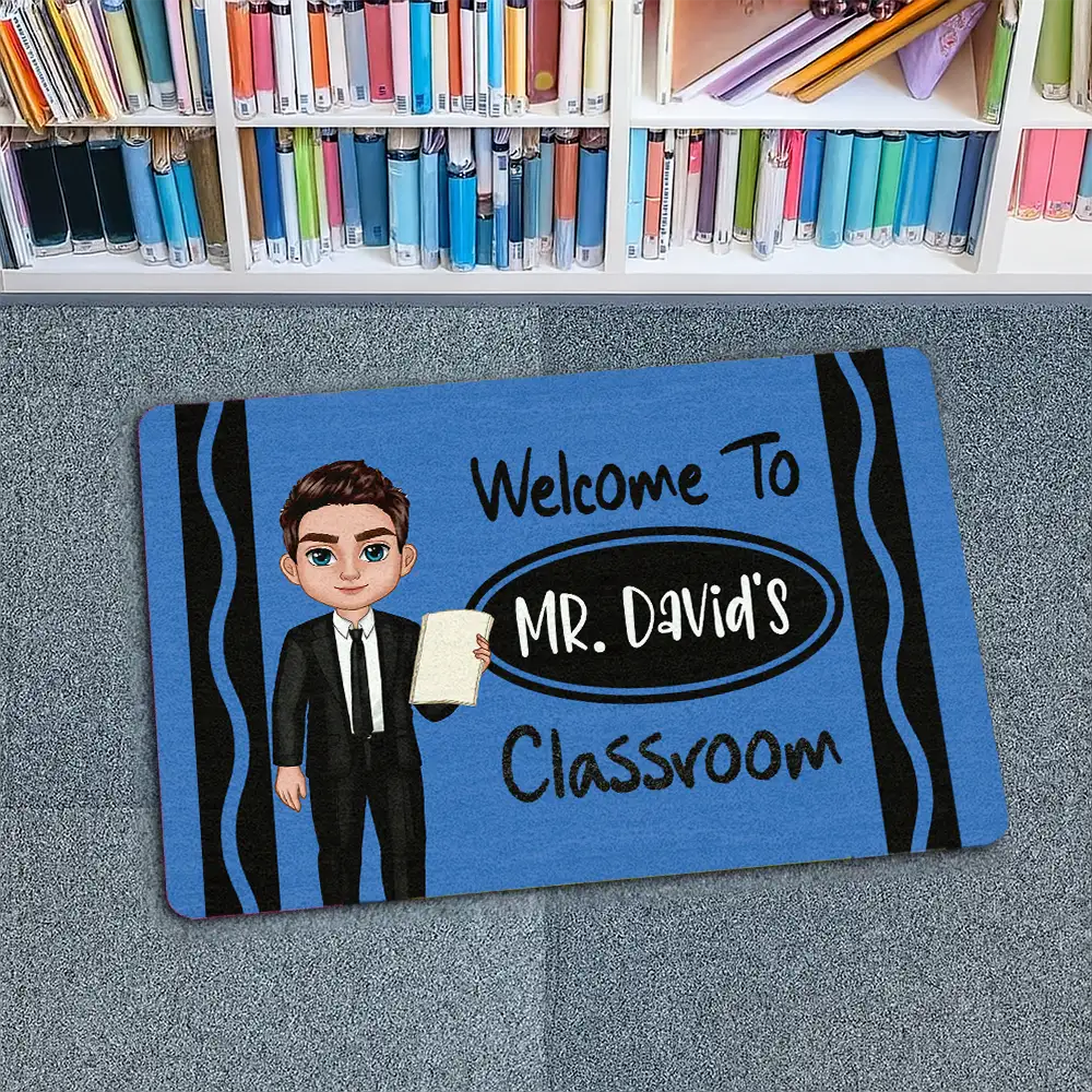 Custom Teacher Doormat with Name & Character – Great Gift for Male Female Teachers, Classroom Decor