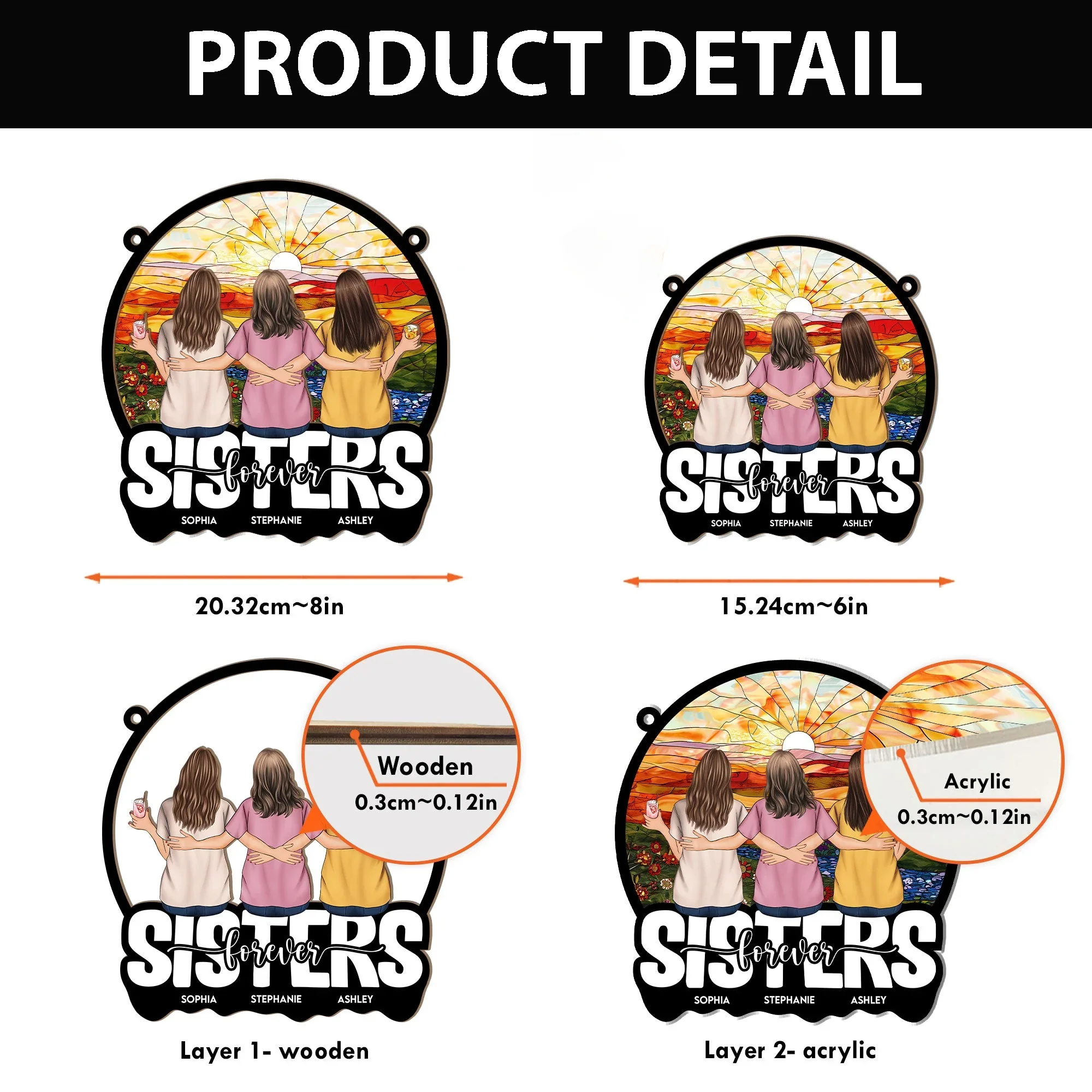 Sisters Forever – Personalized Wood and Acrylic Layered Ornament with Rainbow Design - Image 4