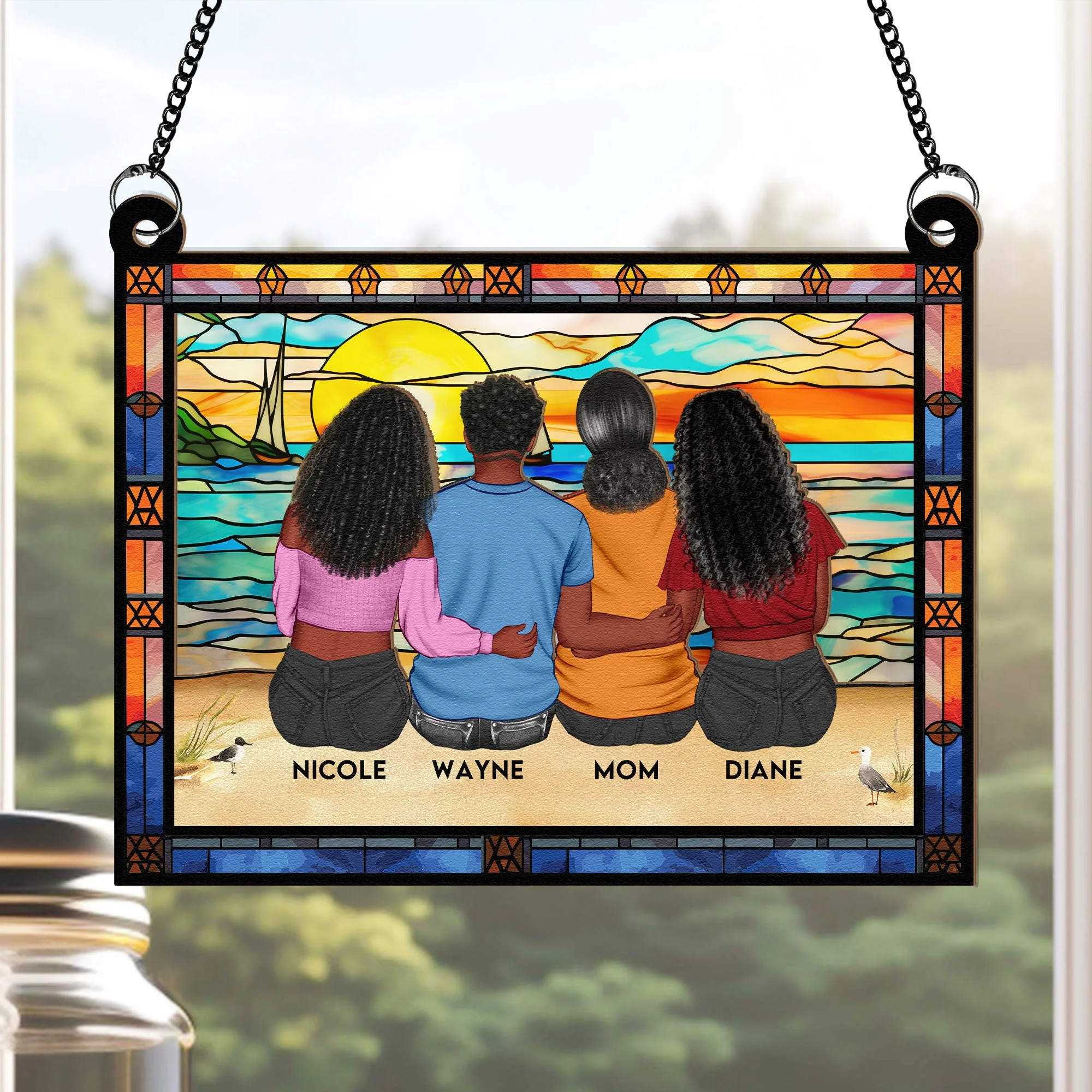 Wood & Acrylic Layered Ornament – Family Sunset by the Sea, Custom Gift for Mother & Siblings - Image 2
