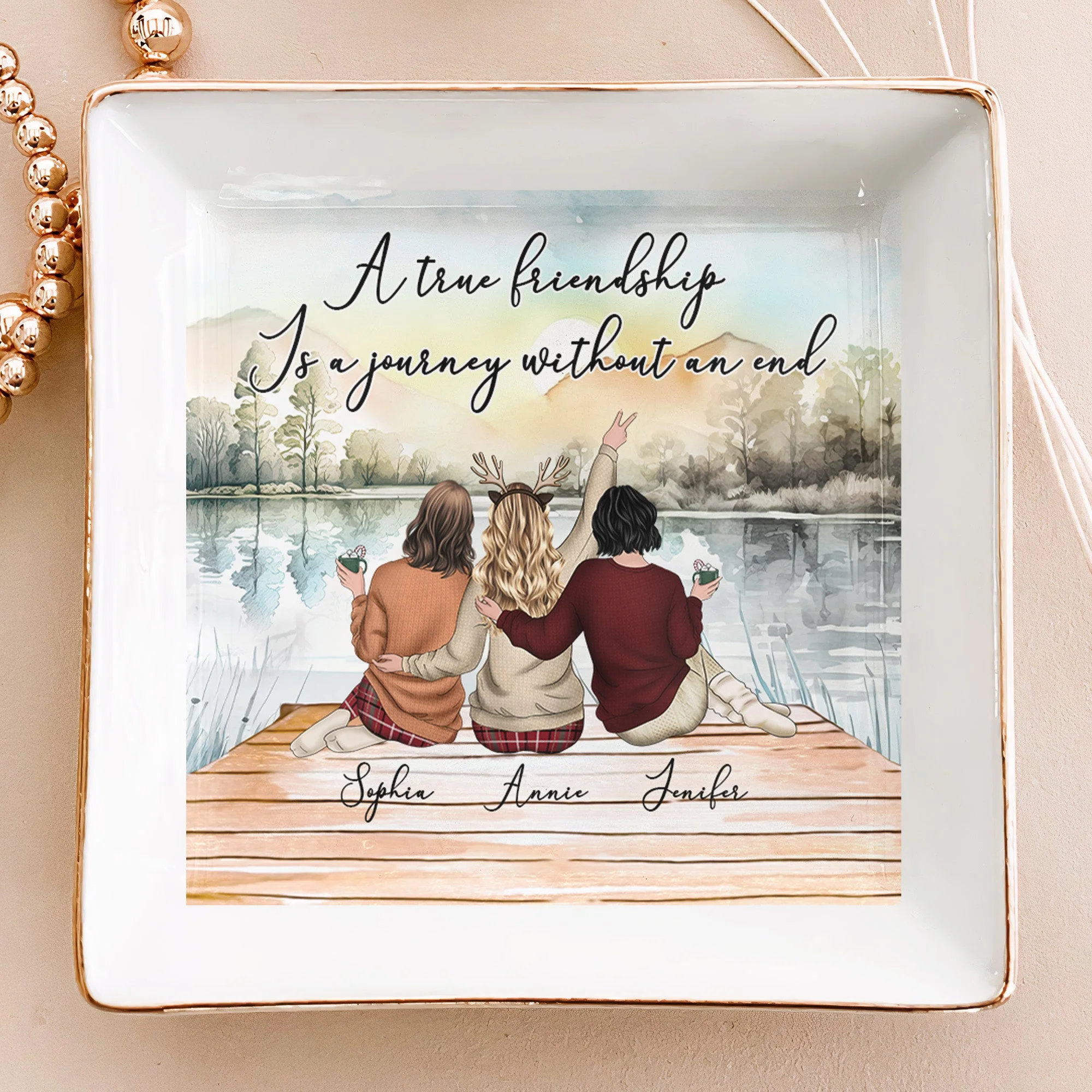 Lakeside Sisters Ceramic Jewelry Dish, “A True Friendship” Quote, Personalized Keepsake Gift for Siblings - Image 3