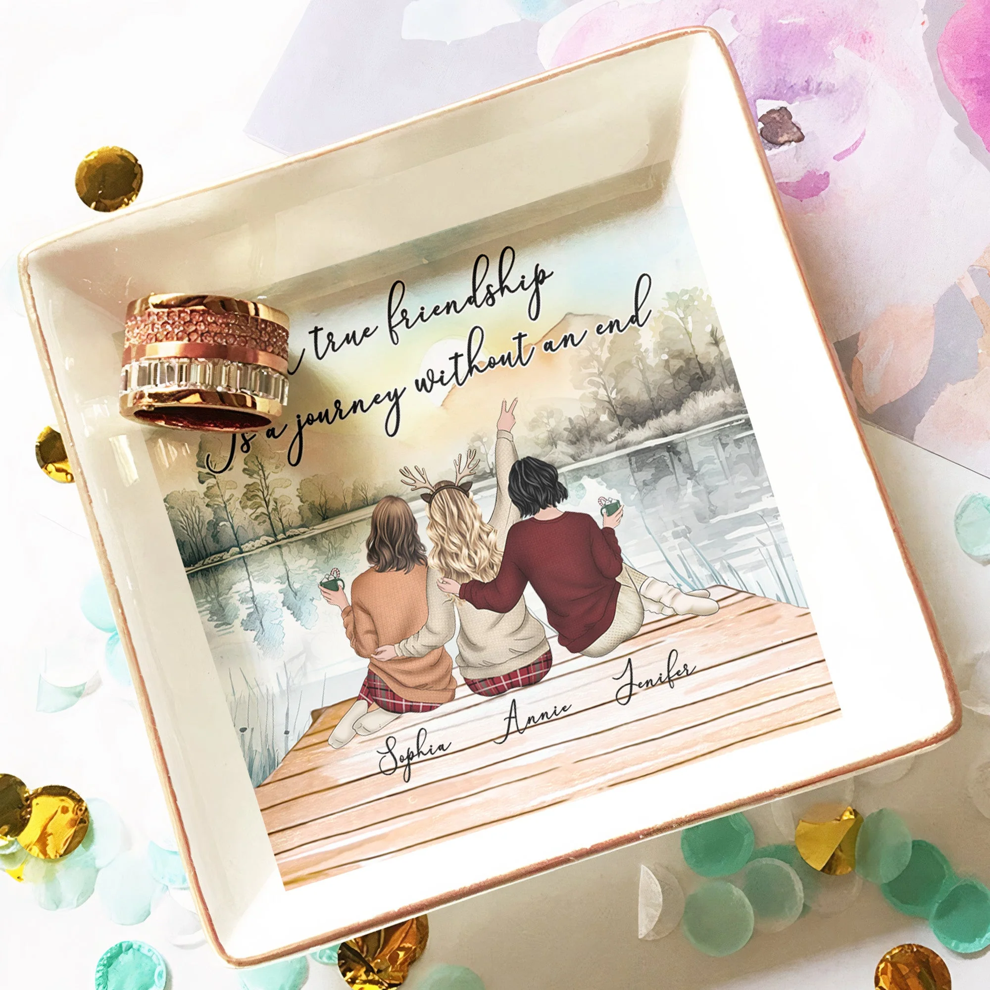 Lakeside Sisters Ceramic Jewelry Dish, “A True Friendship” Quote, Personalized Keepsake Gift for Siblings - Image 5