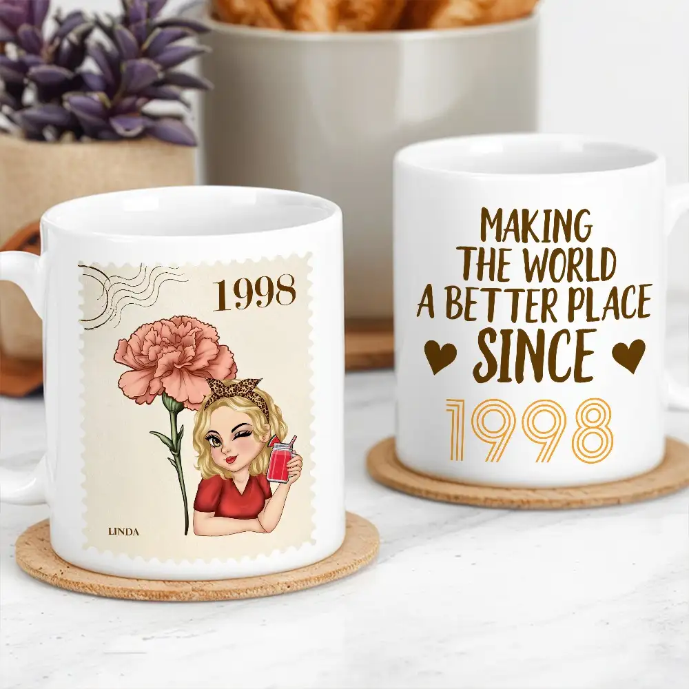 Making the World a Better Place – Personalized White Ceramic Mug with Birth Year and Cartoon Girl