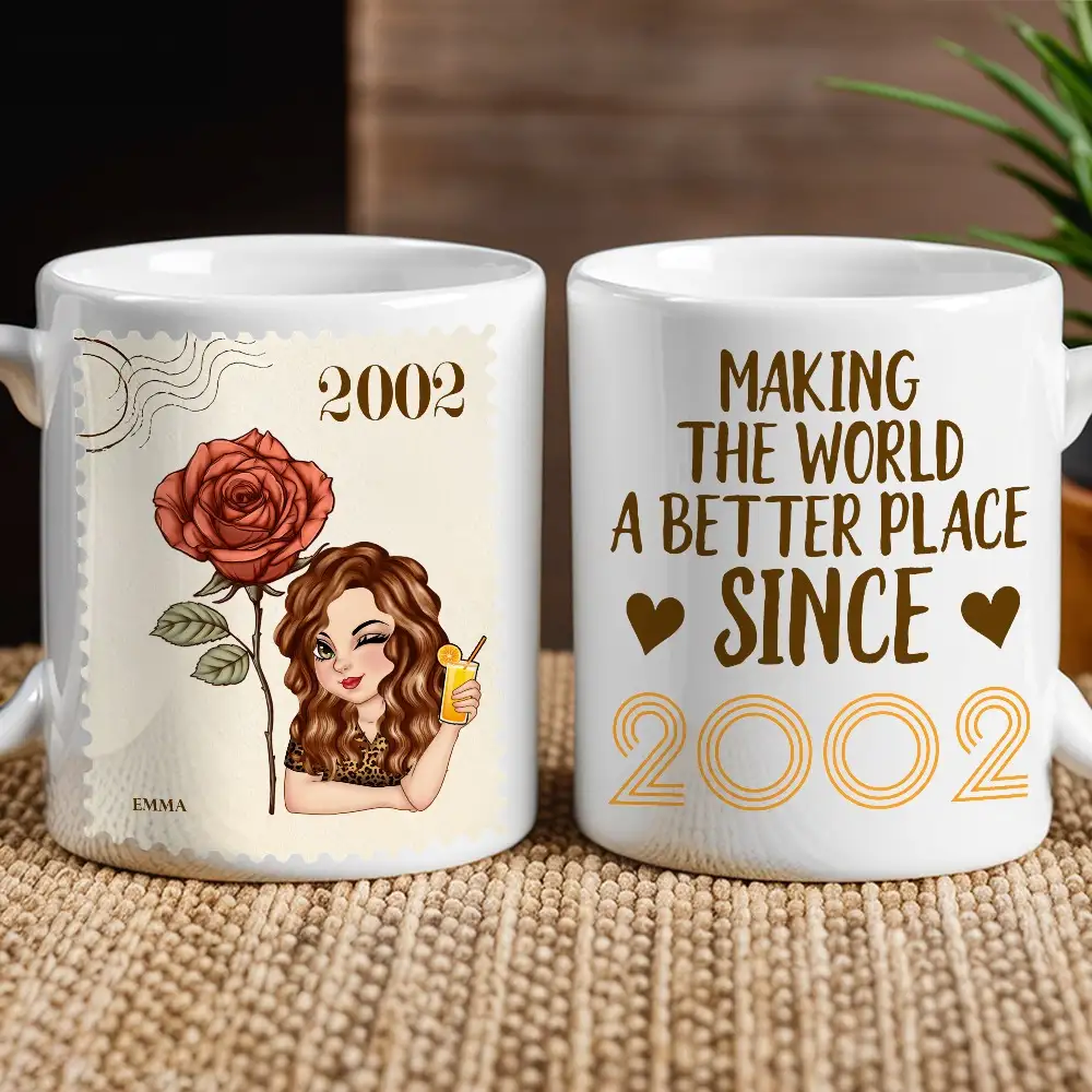 Making the World a Better Place – Personalized White Ceramic Mug with Birth Year and Cartoon Girl - Image 2