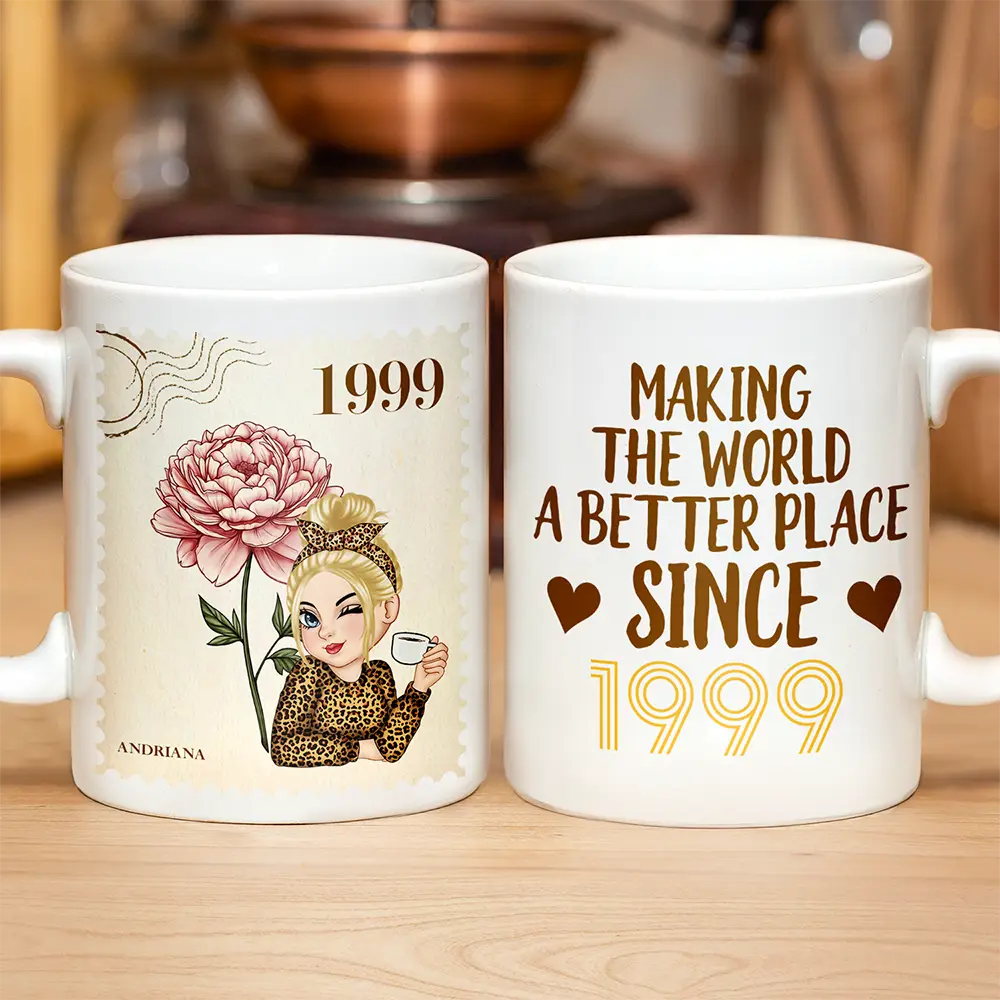 Making the World a Better Place – Personalized White Ceramic Mug with Birth Year and Cartoon Girl - Image 3