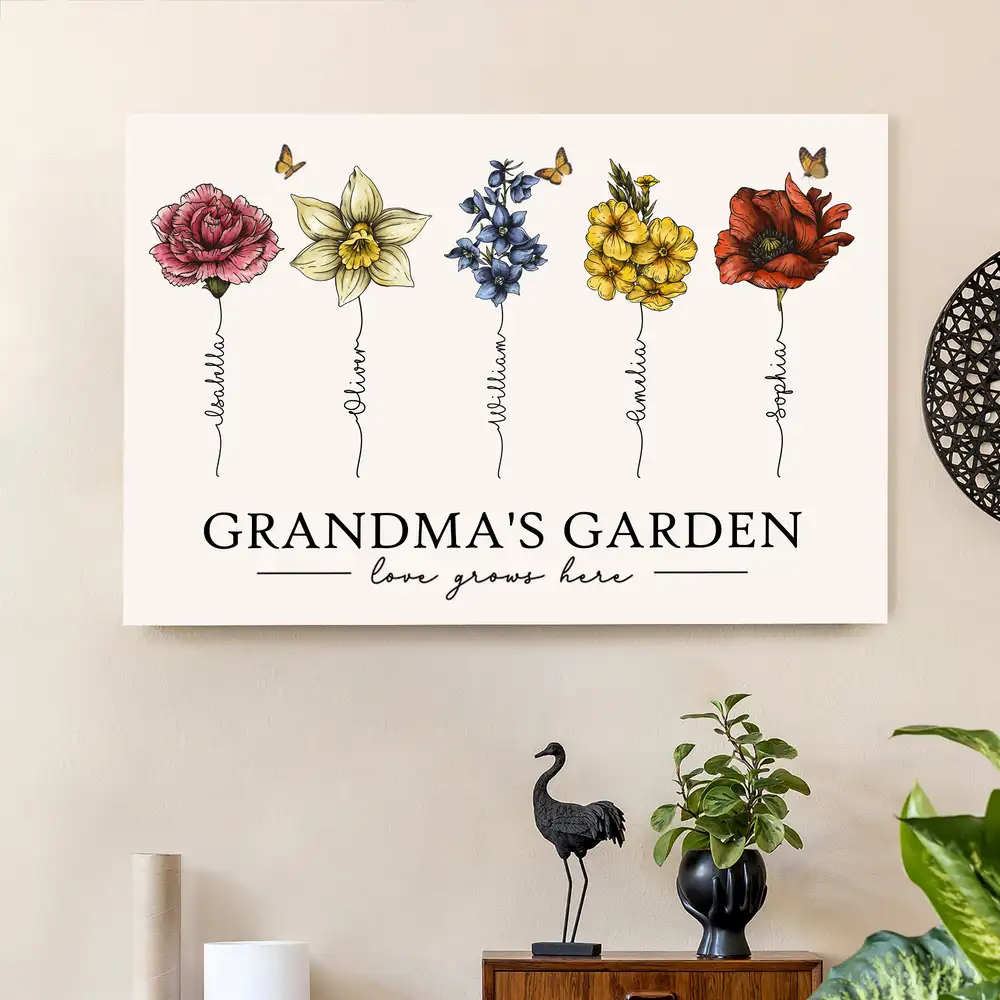 Grandma's Garden – Beautiful Floral Poster with Custom Family Names, Perfect Gift for Grandma