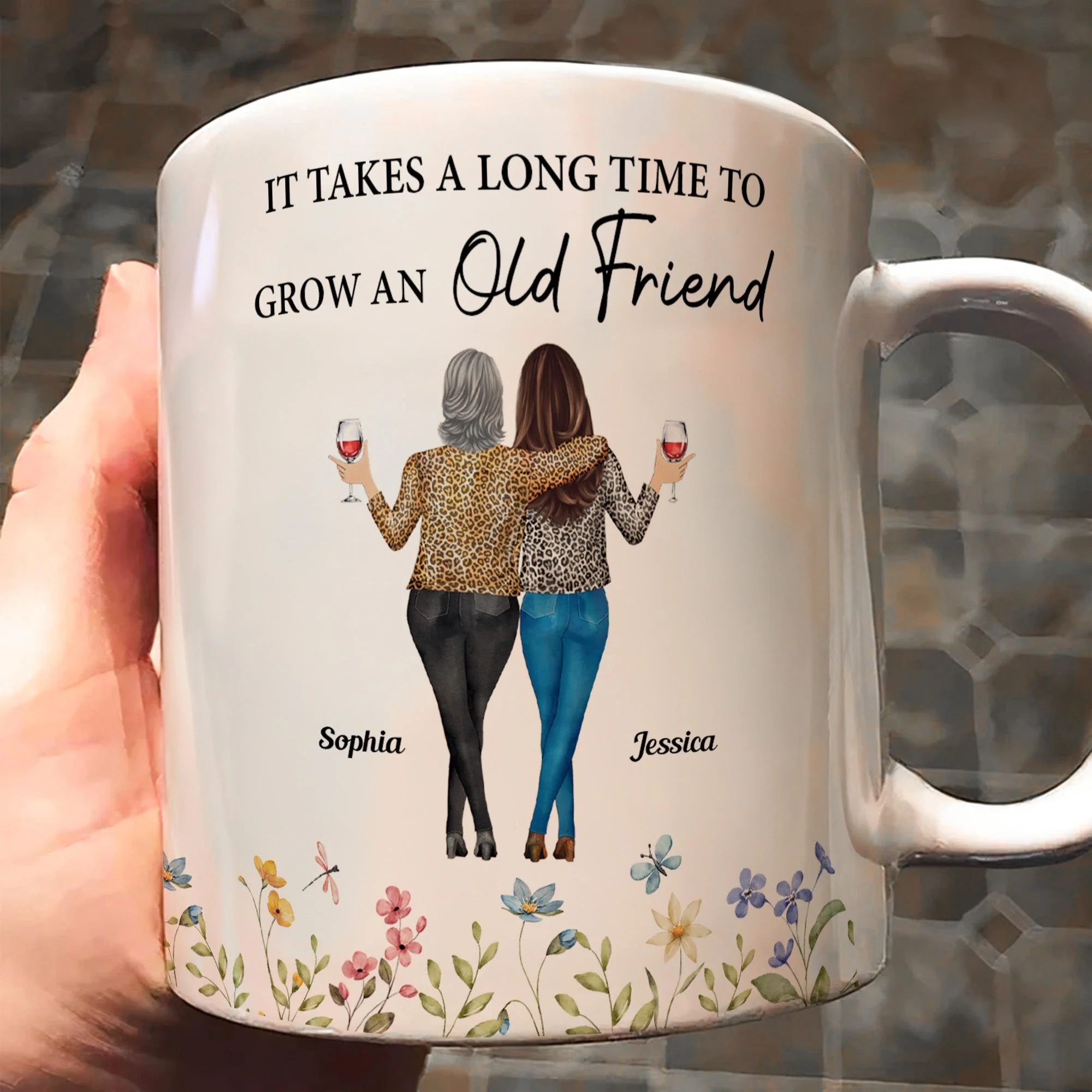 Enduring Friendship - Custom "It Takes a Long Time to Grow an Old Friend" White Ceramic Mug, Heartwarming Gift for Friends or Sisters - Image 3