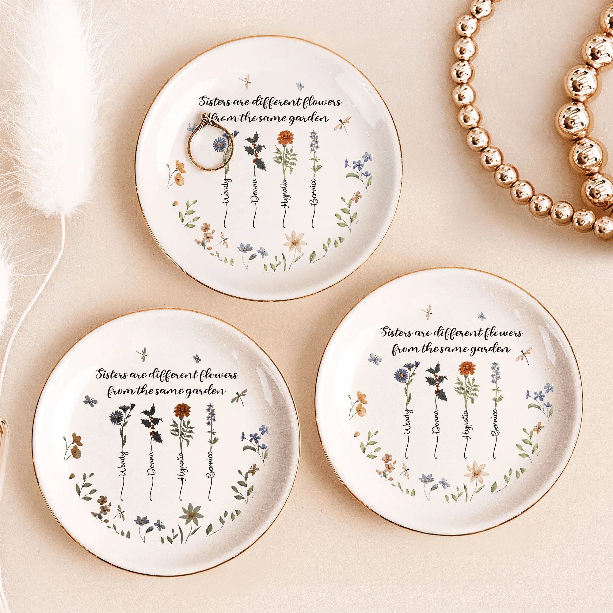 Sisterhood Forever - Custom "Sisters are Different Flowers from the Same Garden" Round Jewelry Dish, Heartwarming Gift for Sisters - Image 3