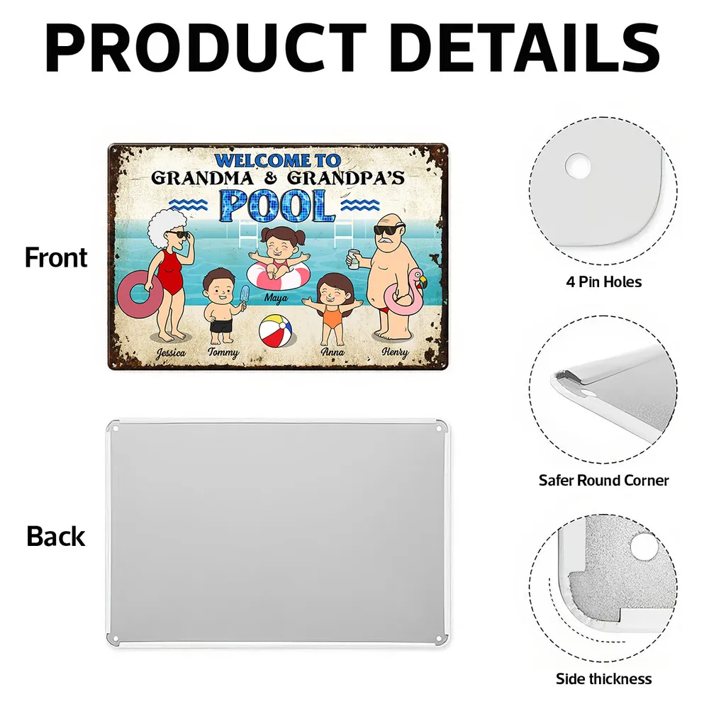 Funny Cartoon Welcome To Grandma Grandpa Pool Personalized Metal Sign - Image 4