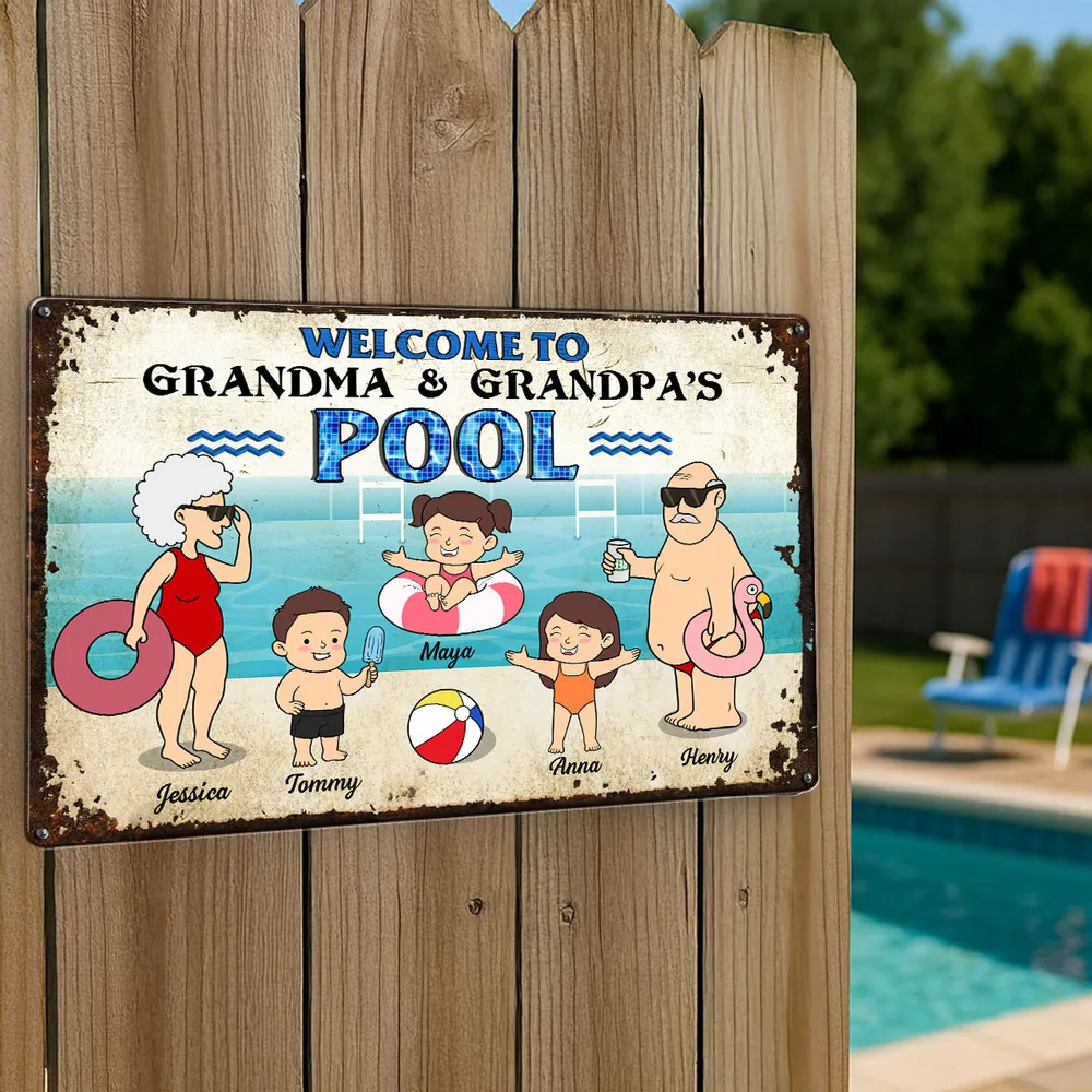 Funny Cartoon Welcome To Grandma Grandpa Pool Personalized Metal Sign - Image 6
