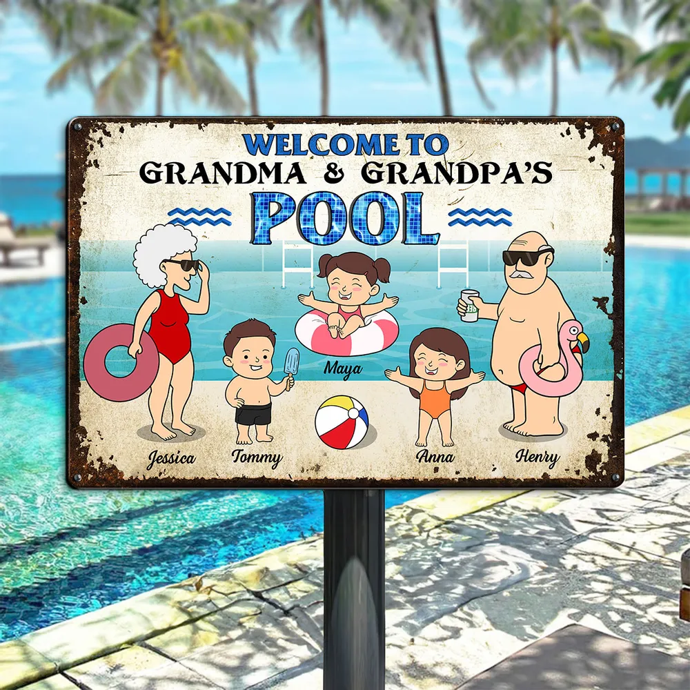 Funny Cartoon Welcome To Grandma Grandpa Pool Personalized Metal Sign - Image 7