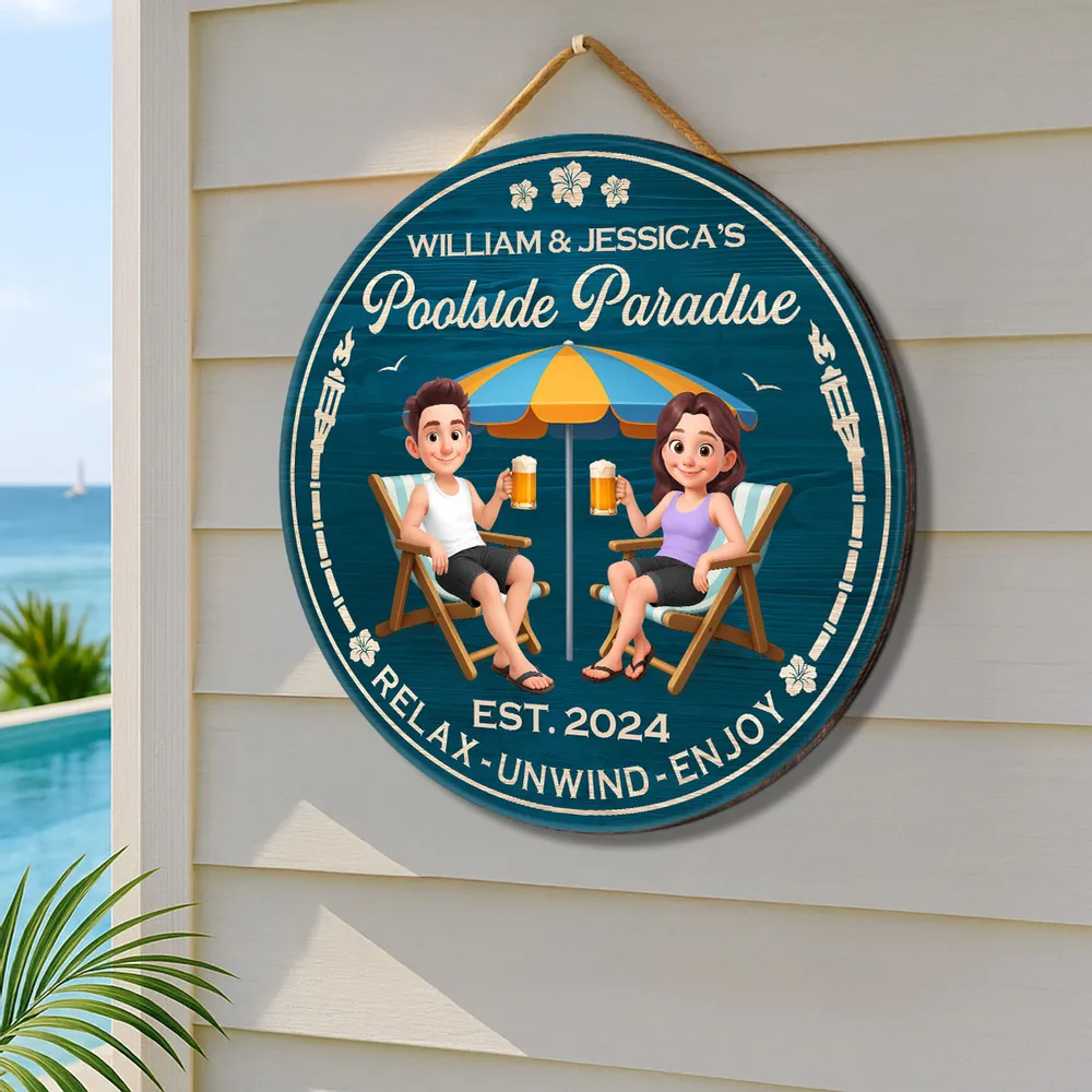 Poolside Paradise Wooden Sign – Personalized Couple Design, Romantic Backyard Gift for Lover - Image 5
