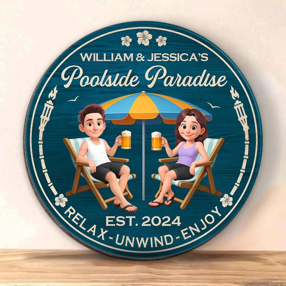 Poolside Paradise Wooden Sign – Personalized Couple Design, Romantic Backyard Gift for Lover - Image 6
