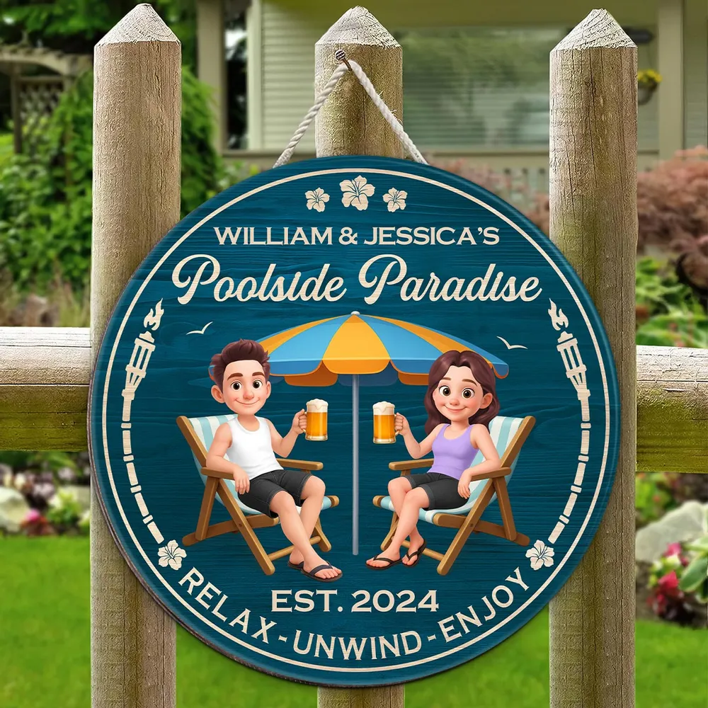 Poolside Paradise Wooden Sign – Personalized Couple Design, Romantic Backyard Gift for Lover - Image 7