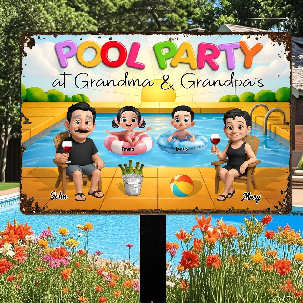 Summer Pool Party Vibes – Personalized Iron Sign with Family Illustration, Gift for Grandma & Grandpa - Image 2