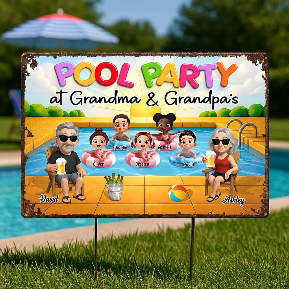 Summer Pool Party Vibes – Personalized Iron Sign with Family Illustration, Gift for Grandma & Grandpa - Image 6