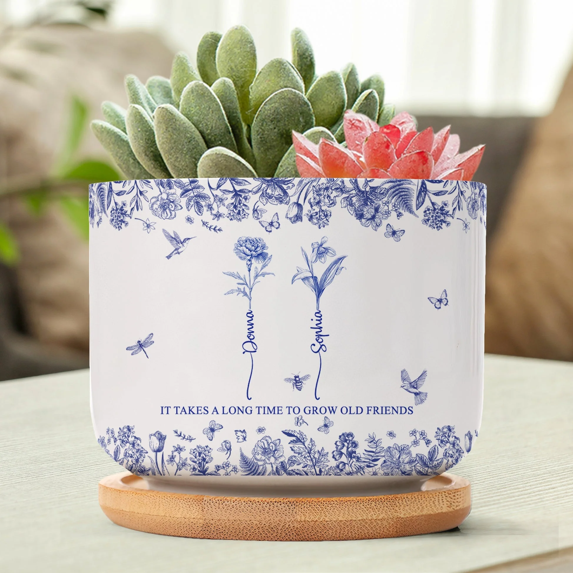 Custom Ceramic Flower Pot for Best Friends β 'It Takes a Long Time to Grow Old Friends' Quote with Name & Floral Design - Image 2