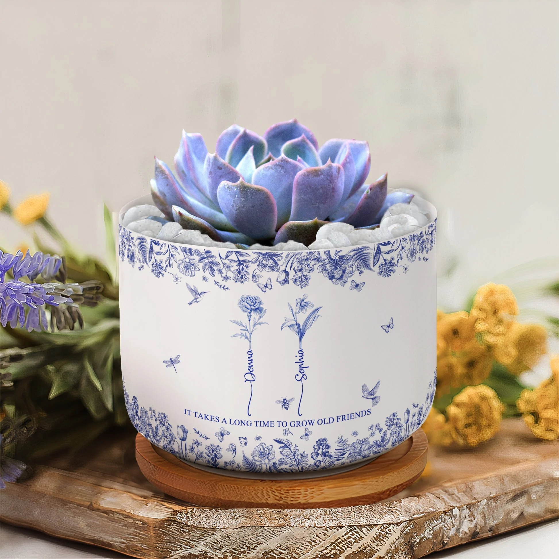 Custom Ceramic Flower Pot for Best Friends β 'It Takes a Long Time to Grow Old Friends' Quote with Name & Floral Design - Image 4