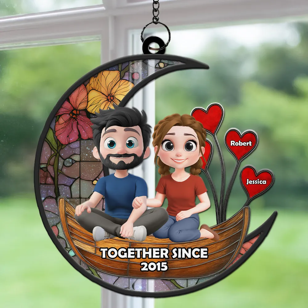 Romantic Moon Couple Wood and Acrylic Layered Ornament - Together Since Anniversary Gift for Lovers - Image 2