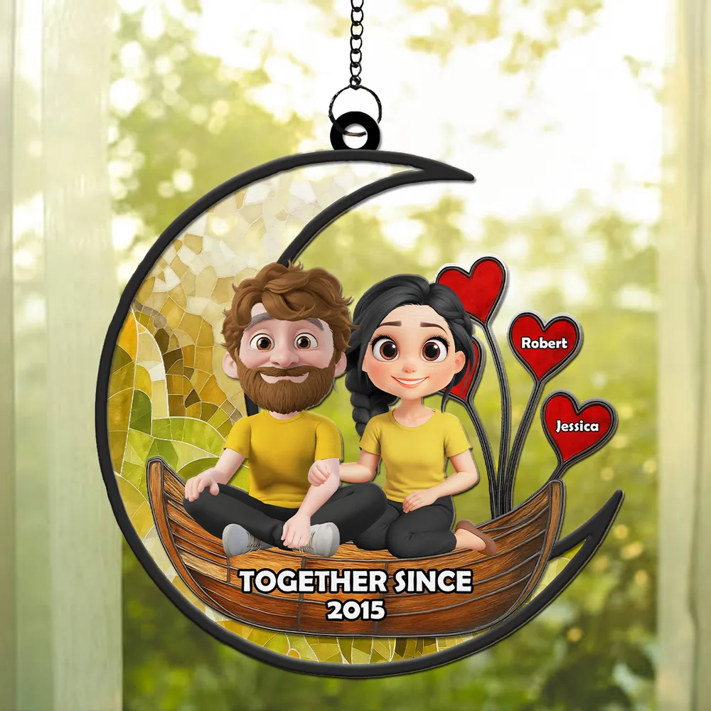 Romantic Moon Couple Wood and Acrylic Layered Ornament - Together Since Anniversary Gift for Lovers - Image 3