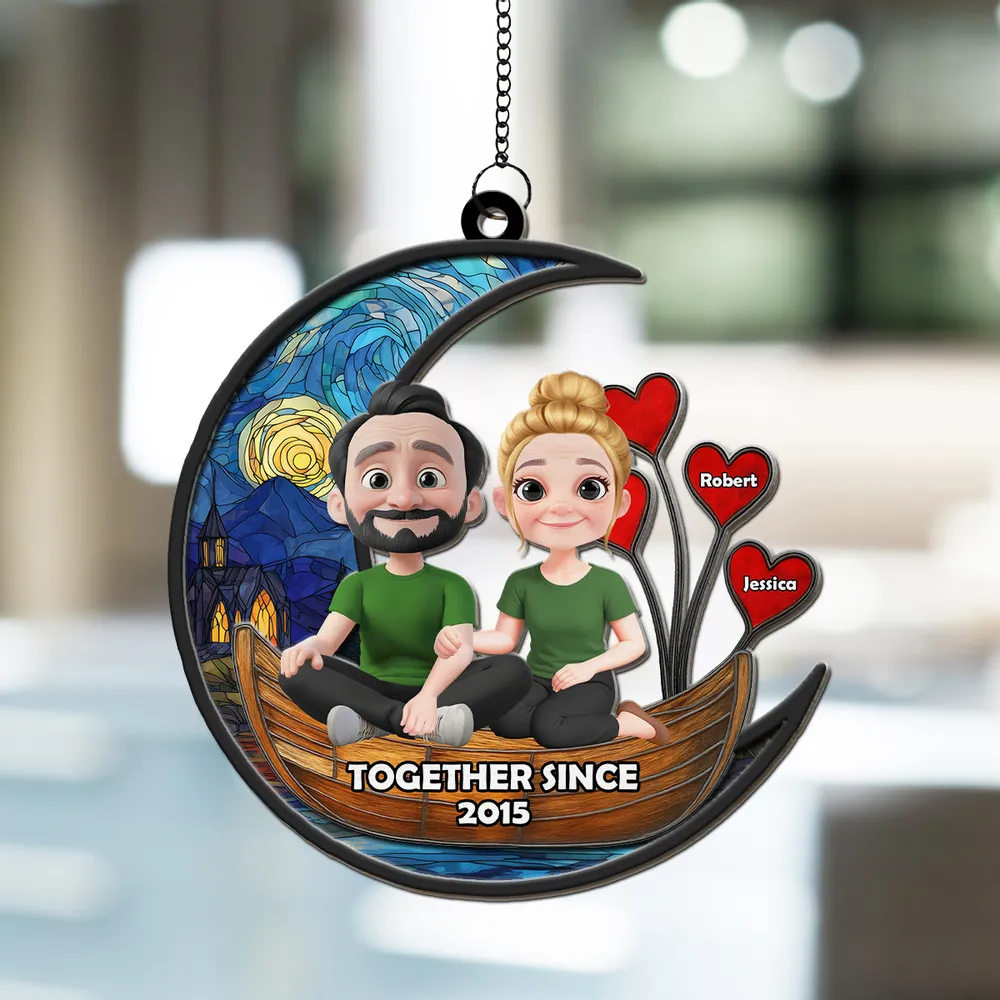 Romantic Moon Couple Wood and Acrylic Layered Ornament - Together Since Anniversary Gift for Lovers - Image 4