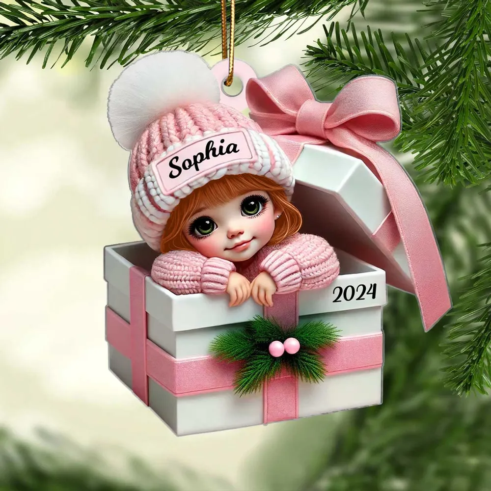 Acrylic Ornament - Personalized Christmas Keepsake Featuring Baby in Gift Box, Grandchild Holiday Gift Idea - Image 3