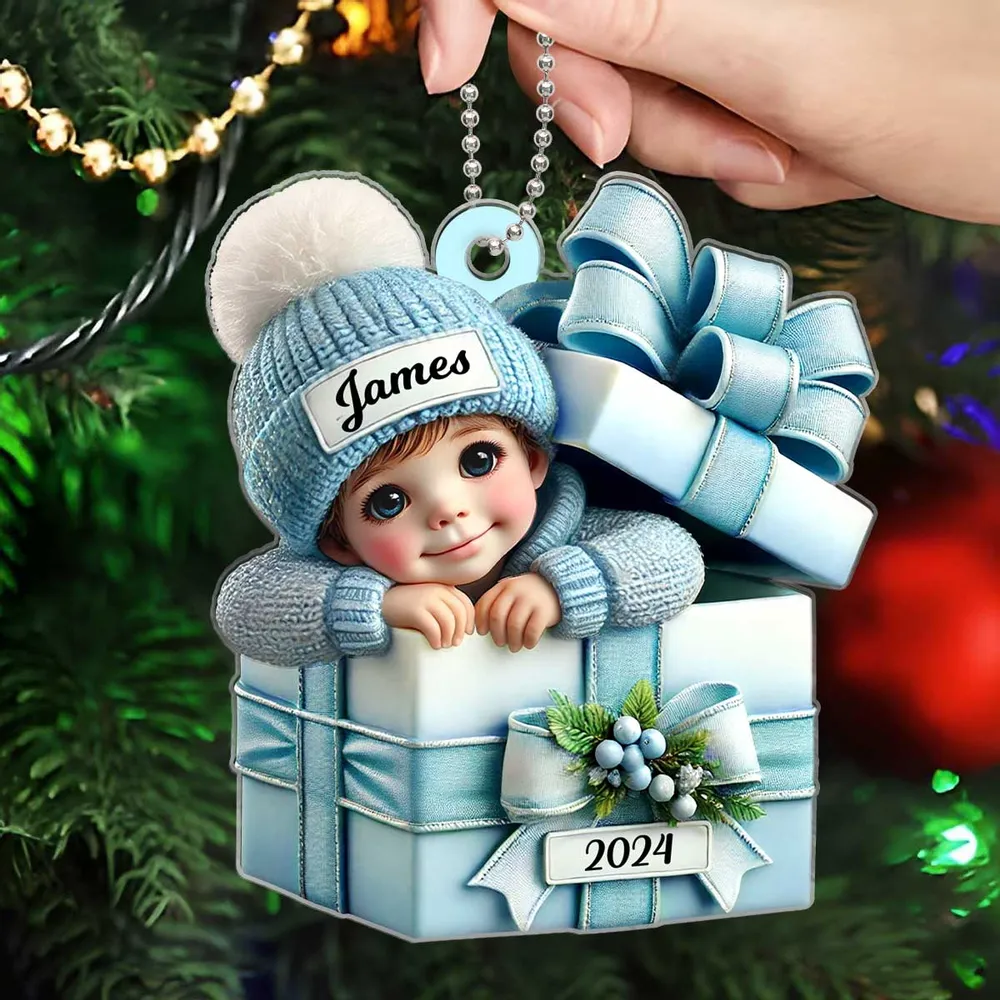 Acrylic Ornament - Personalized Christmas Keepsake Featuring Baby in Gift Box, Grandchild Holiday Gift Idea - Image 4