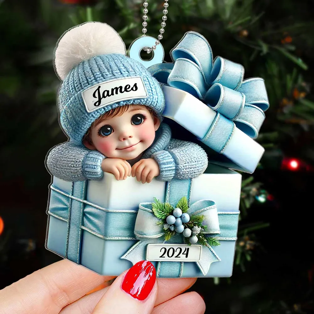 Acrylic Ornament - Personalized Christmas Keepsake Featuring Baby in Gift Box, Grandchild Holiday Gift Idea - Image 7