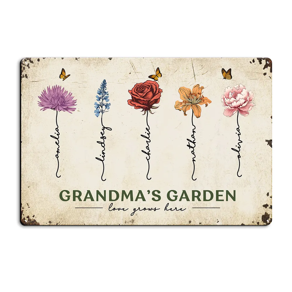 Rectangular Iron Sign – “Grandma’s Garden • Love Grows Here” Personalized Metal Plaque